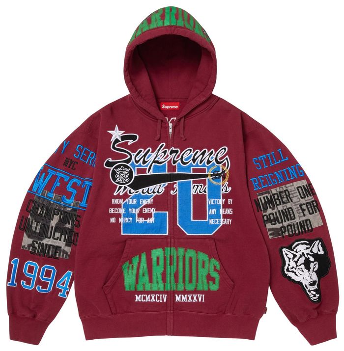 Supreme Warriors Appliqué Zip Up Hooded Sweatshirt 'Cardinal'