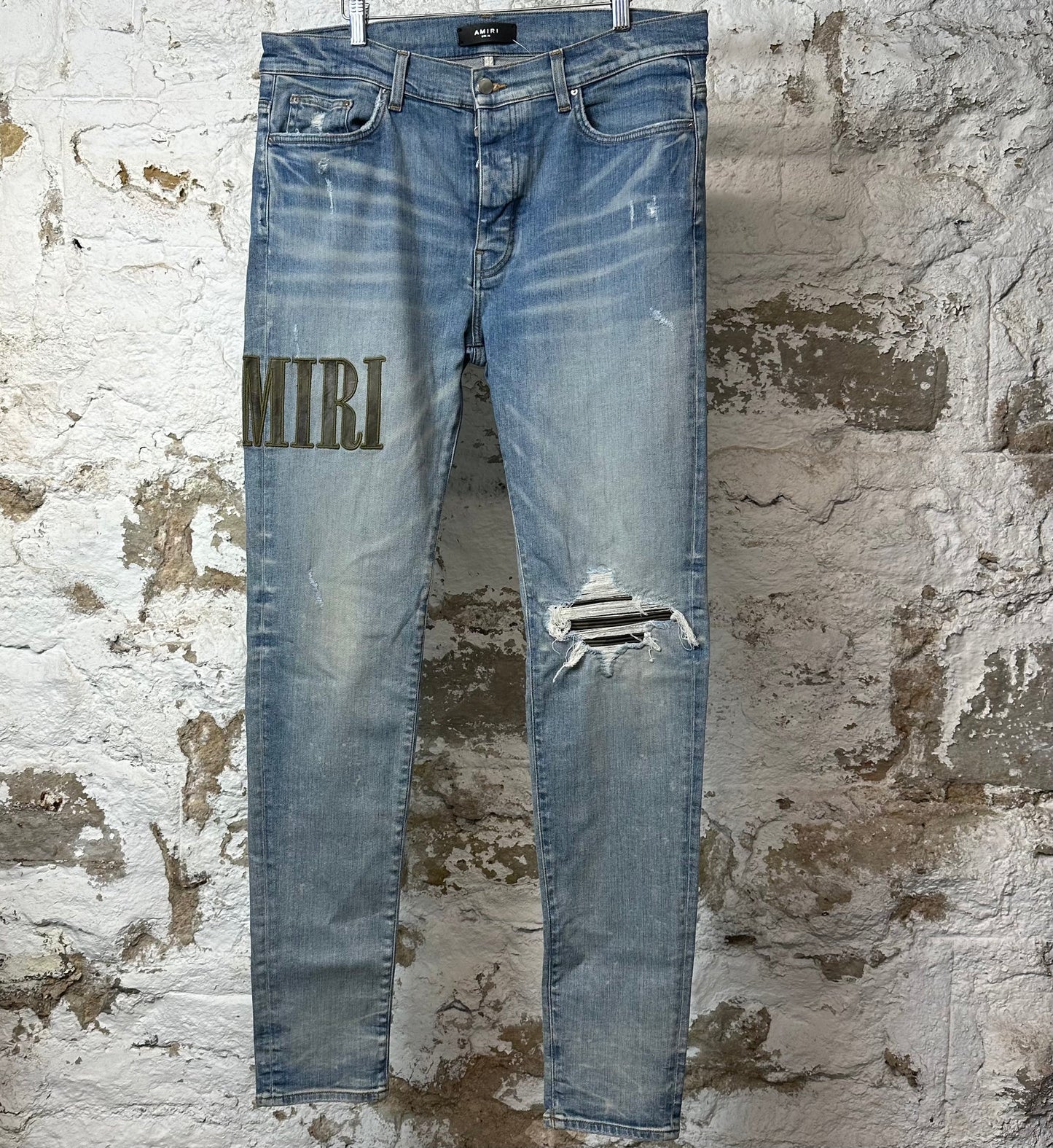 Amiri MX1 Camo Spell Patch Blue Denim Jeans