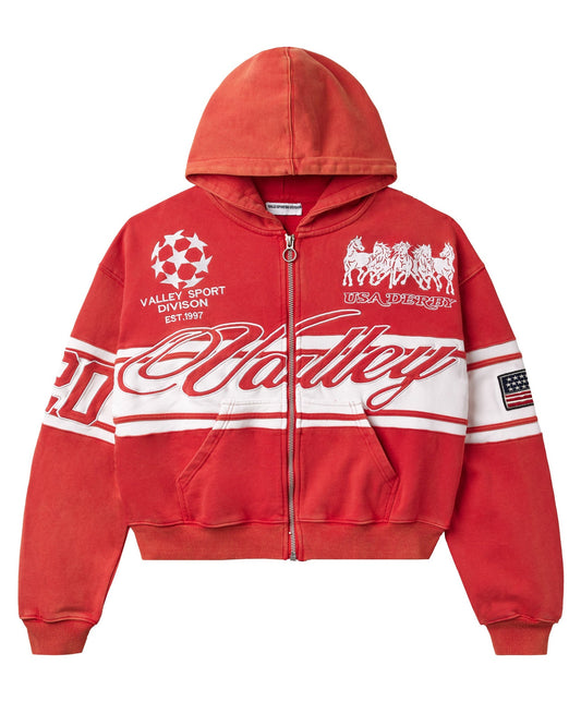 VALE RED CURSIVE ZIP UP HOODIE