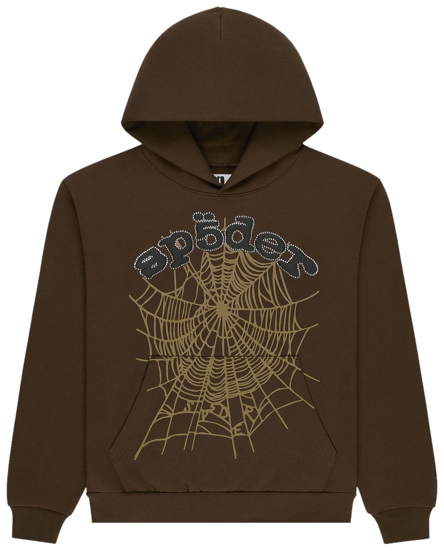 Sp5der Og Web Rhinestone Hoodie Brown