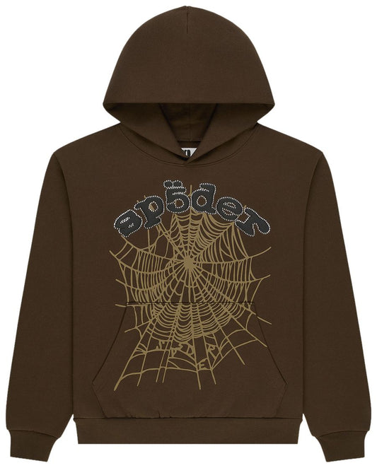 Sp5der Og Web Rhinestone Hoodie Brown