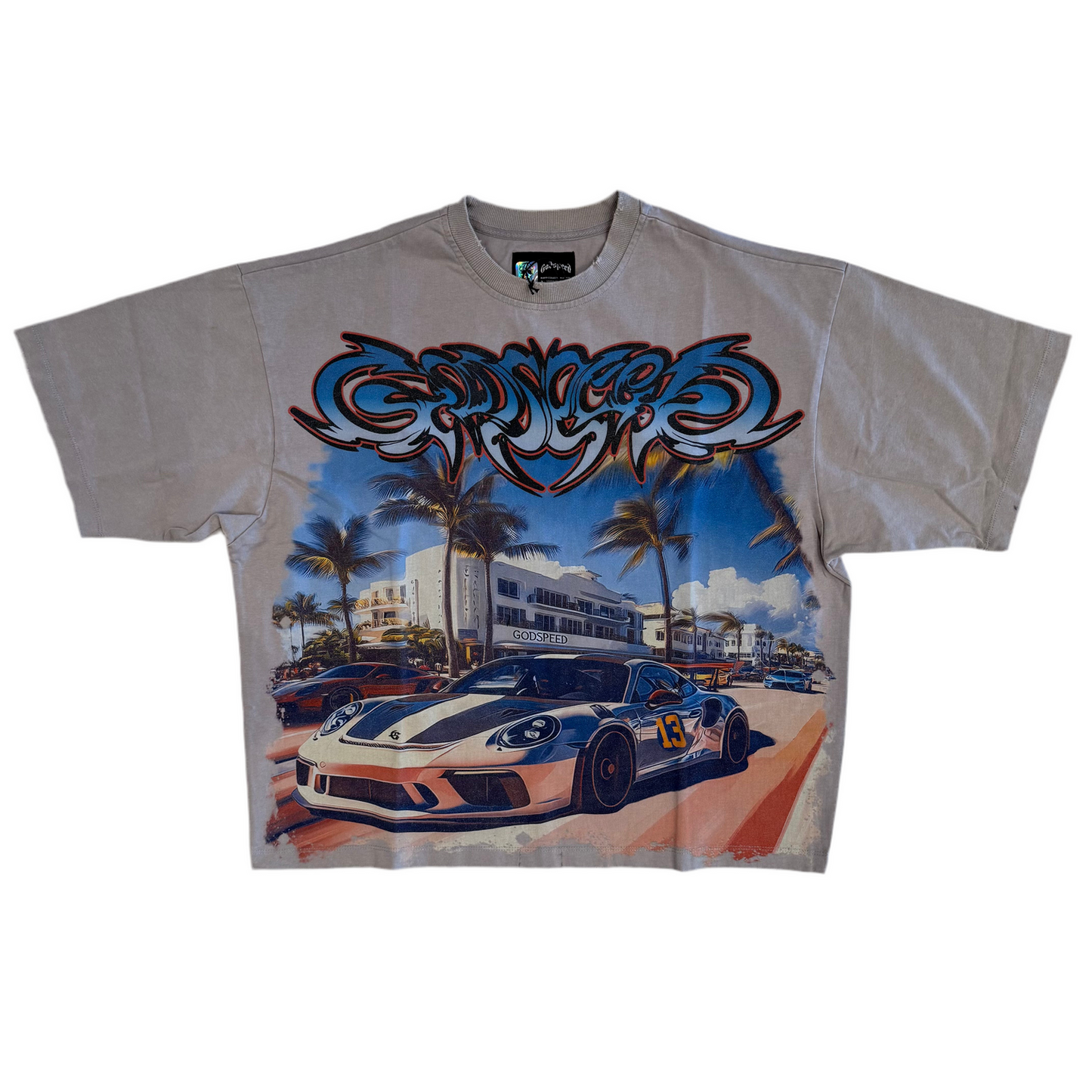 Godspeed Porsche Car Meet Miami Tee Stone Grey