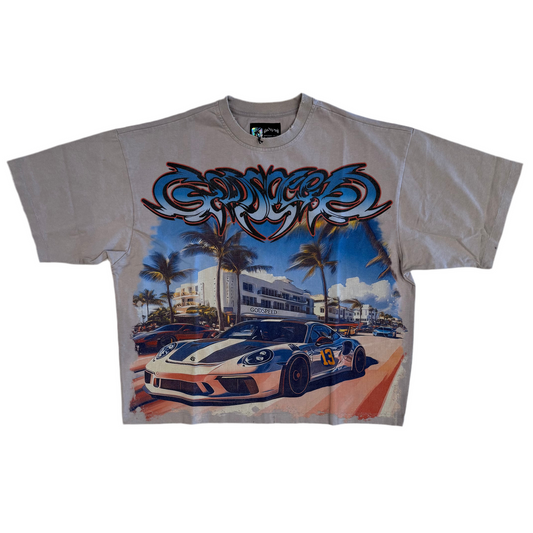 Godspeed Porsche Car Meet Miami Tee Stone Grey