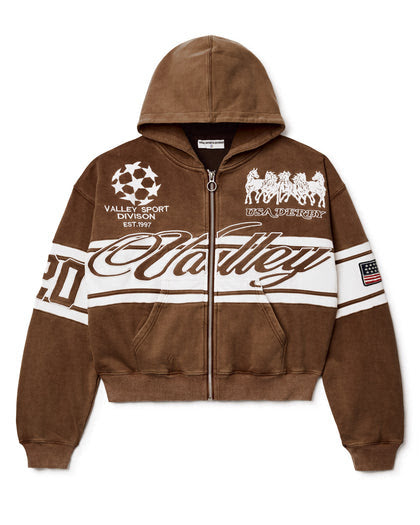 VALE BROWN CURSIVE ZIP UP HOODIE