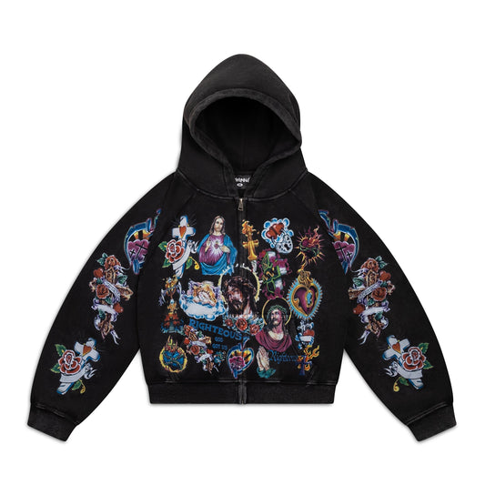 Righteous Risen King Cropped Zip Up Hoodie Black