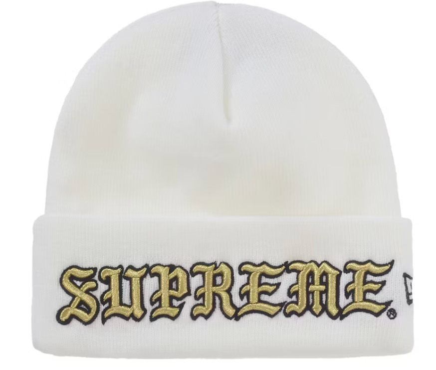 Supreme New Era Old English Beanie White Gold