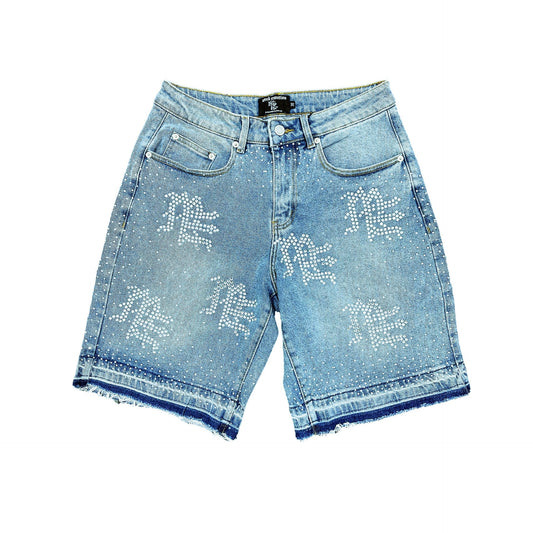 Mixed Emotion Rhinestone Denim Shorts Blue